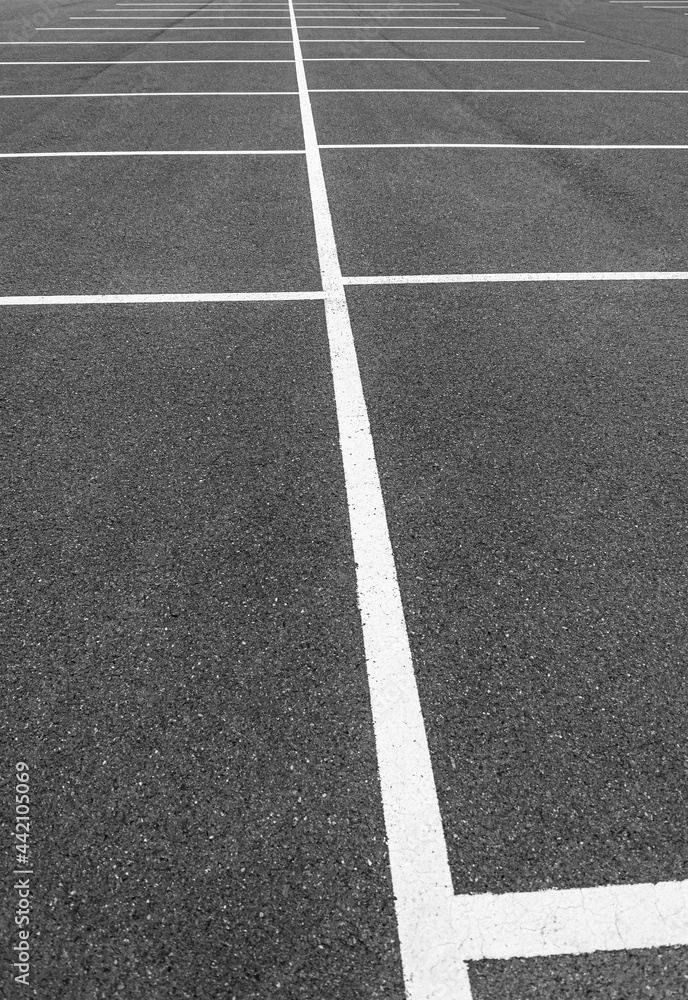 Empty grey asphalt parking with white markings stripes black and white