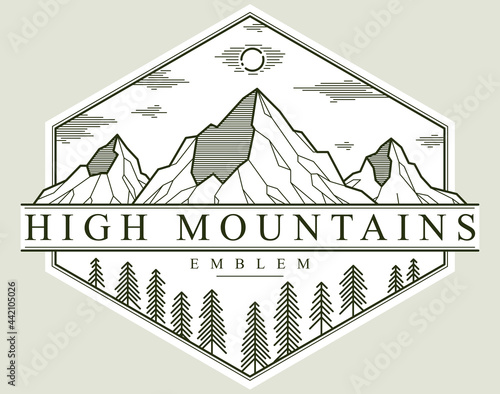 Log cabin wooden house in pine forest over mountain range vector nature emblem isolated on white, cottage woodhouse for rest in pine forest, holidays and vacations theme line art logo.