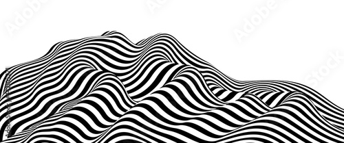 Abstract vector 3D lines background, black and white curves linear perspective dimensional terrain optical pattern.