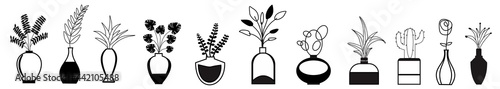 plant in pot and tree icons. trendy home decor with plants, cacti, tropical leaves in stylish planters and pots. vector illustration 