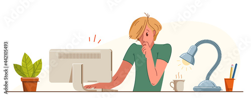 Young man alarmed in problem working on a project in stress vector flat illustration isolated, urgent panic deadline job in office or home, solving problem.