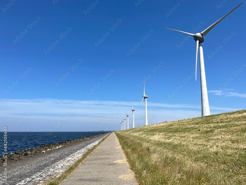 Windmills on a dike at the Noordoostpolder