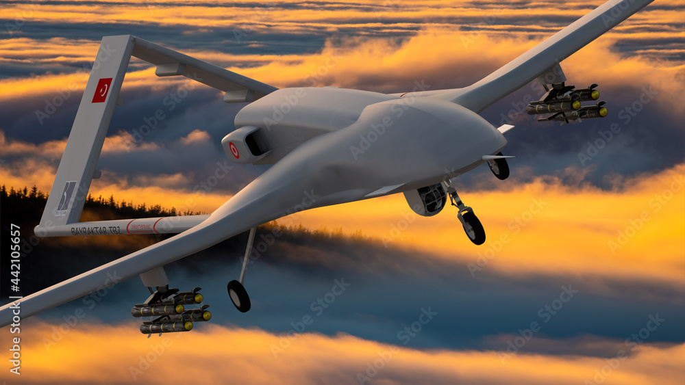 Turkish Bayraktar TB2 combat drone in flight over the clouds Stock ...