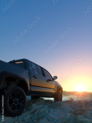 Modern off road truck in a remote location enjoying the sunset 3d render © Studio-FI