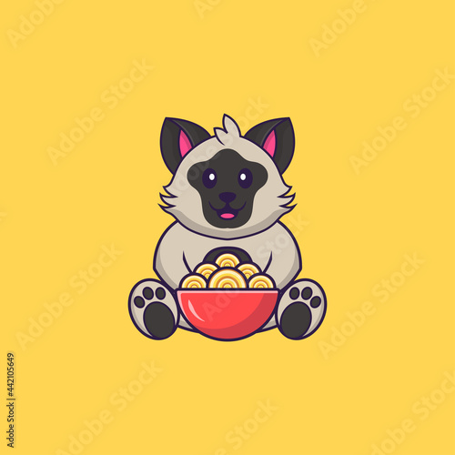 Cute cat eating ramen noodles. Animal cartoon concept isolated. Can used for t-shirt, greeting card, invitation card or mascot. Flat Cartoon Style