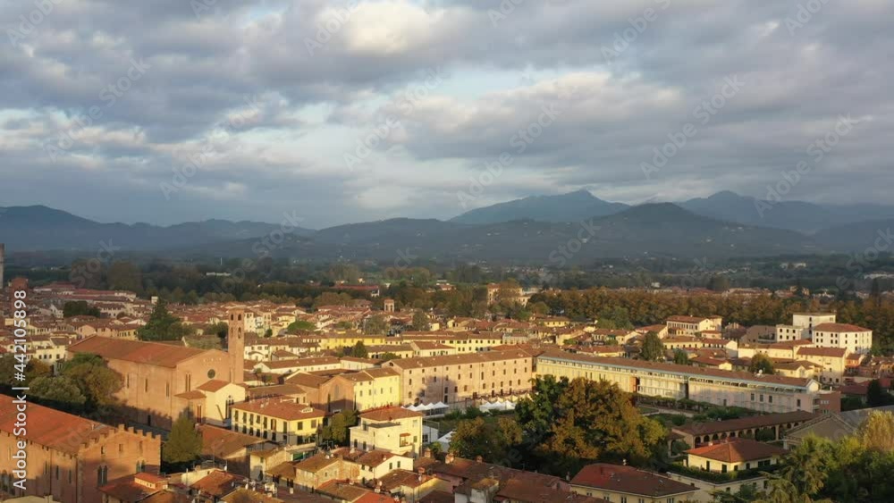 Aerial view of ancient town Lucca, Italy, Toscana region. Morning time. Aerial view of ancient town Lucca, Italy, Toscana region. Morning time.