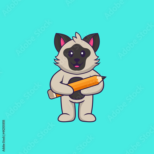 Cute cat holding a pencil. Animal cartoon concept isolated. Can used for t-shirt, greeting card, invitation card or mascot. Flat Cartoon Style