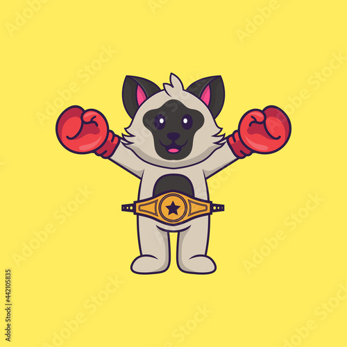 Cute cat in boxer costume with champion belt. Animal cartoon concept isolated. Can used for t-shirt, greeting card, invitation card or mascot. Flat Cartoon Style