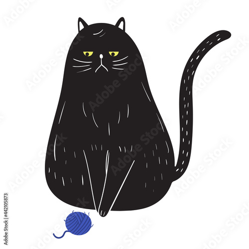 Grumpy black cat in doodle style playing with yarn. Funny childish pet character with serious face. Hand drawn vector illustration