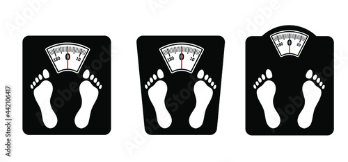 Diet scale or weighing scale. Balance concept. Vector fitness sport pictogram. Bathroom weight scale icon. World diabetes day. People on unhealthy with overweight, obesity problem. Fat, calories.