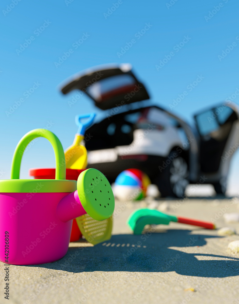 Family car holiday on a local beach with children's toys in the sand 3d render