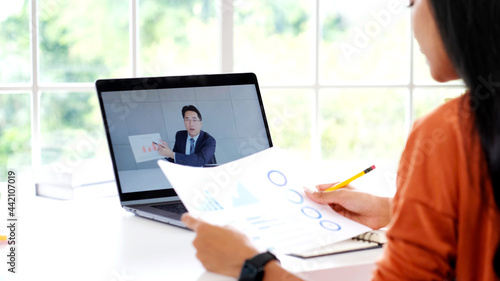Video conference, Work from home, Businessman making video call to employee with virtual web, Contacting manager by conference on laptop computer at home, Talking on web, Online consultation  business