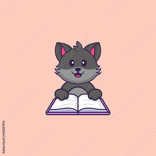 Cute cat reading a book. Animal cartoon concept isolated. Can used for t-shirt, greeting card, invitation card or mascot. Flat Cartoon Style