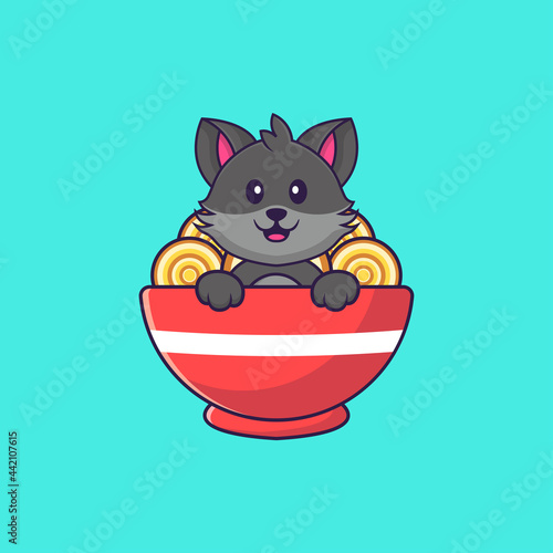 Cute cat eating ramen noodles. Animal cartoon concept isolated. Can used for t-shirt, greeting card, invitation card or mascot. Flat Cartoon Style