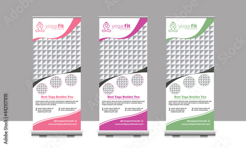 Template of yoga vector roll-up banner design.