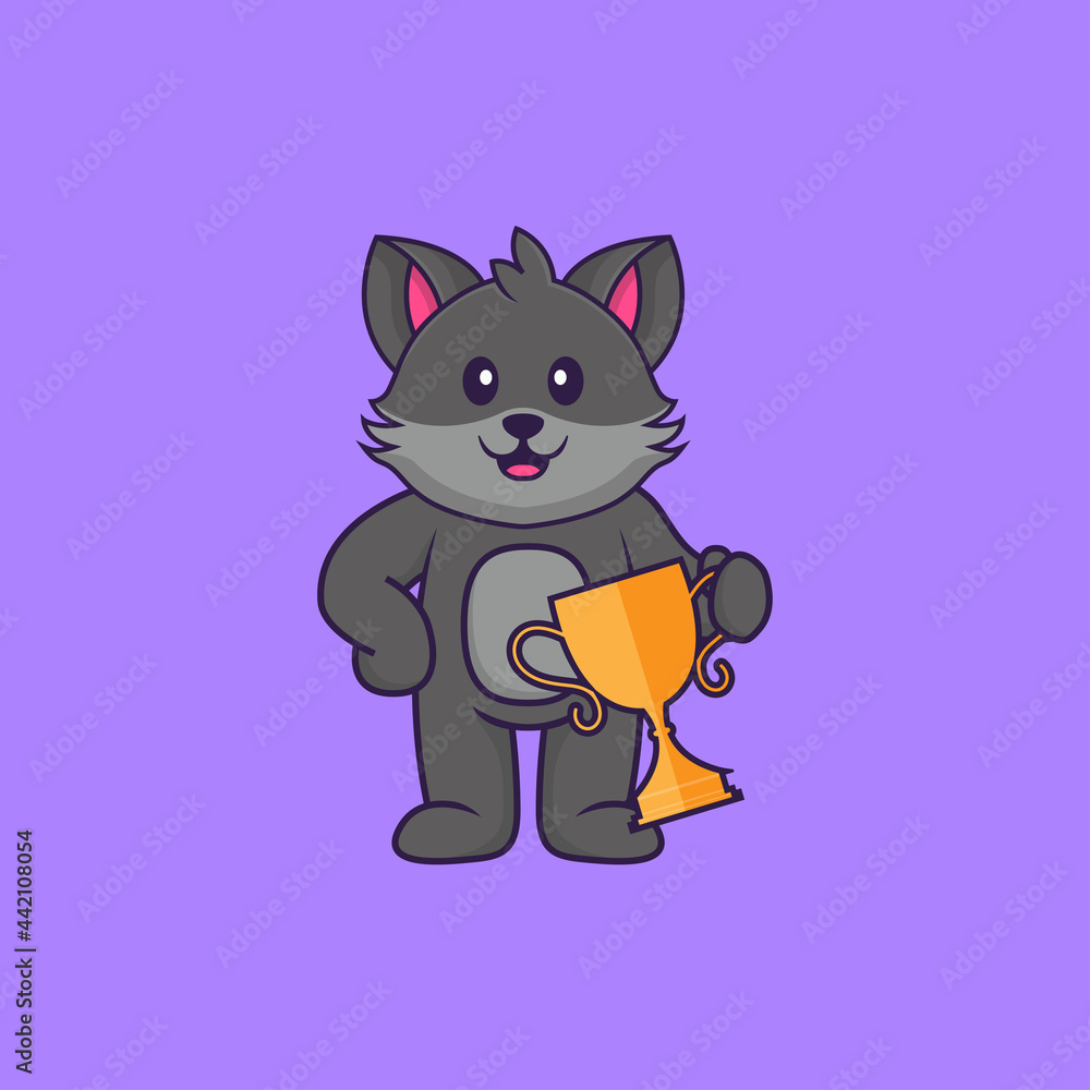 Obraz premium Cute cat holding gold trophy. Animal cartoon concept isolated. Can used for t-shirt, greeting card, invitation card or mascot. Flat Cartoon Style