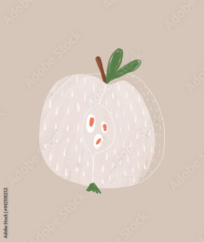 Cute Vector Illustration with Sweet Apple on a Dusty Beige Background. Simple Hand Drawn Infantile Style Fruit Print. Abstract Design with Half of Apple ideal for Card, Wall Art, Poster.