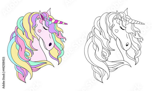 Gentle cute vector illustration of a unicorn with a sample for coloring, for coloring