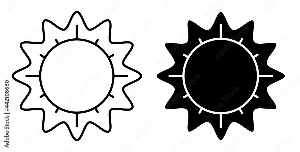 Linear icon. Sun. Star of planet earth. Astronomy, observation of sun activity and weather. Simple black and white vector Linear icon. Sun. Star of planet earth. Astronomy, observation of sun activity and weather. Simple black and white vector