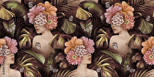 Tropical golden seamless pattern with women, bouquets of hibiscus flowers, plumeria, cactus, monstera, palm, banana leaves, butterflies. Hand-drawn vintage 3D illustration. Good for luxury wallpapers © alenarbuz
