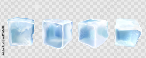 3d realistic crystal ice cubes set. Frozen blocks isolated on translucent background. Square transparent frozen objects. Decorative elements for advertising of refreshing drinks.
