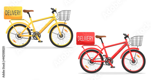 Red and yellow retro bicycle, cycle, bike with delivery boxes, luggage rack and basket isolated on white background. Vector illustration for design, flyer, poster, banner, web, advertising.