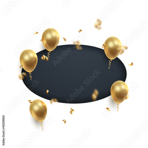 Poster witn realistic golden ballons, ribbons, serpentine, confetti and black paper cut ellipse. Vector illustration for card, party, design, flyer, poster, decor, banner, web, advertising. 