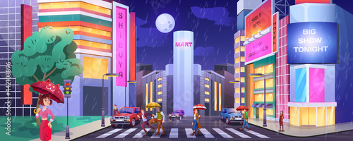 Rain in dark city. Paddles with umbrellas crossing road. People at crosswalk with cars. Wet and rainy weather in night town cartoon vector with hotel, shops or cafe illuminated buildings facades.