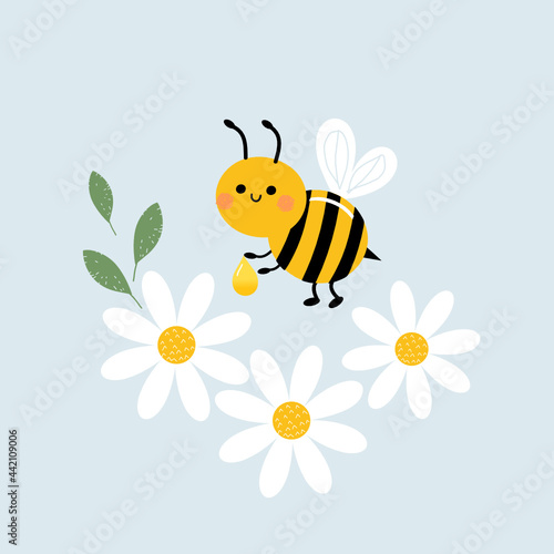 Daisy flower and bee cartoon on green background vector.