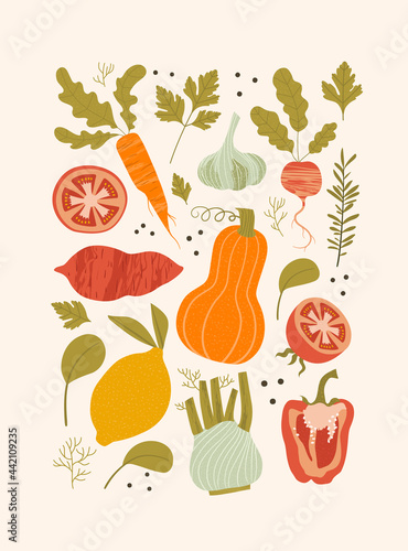 set of hand-drawn vegetables. Fresh organic food. Healthy food. Flat vector illustration.	
