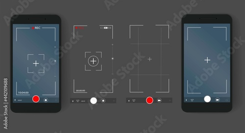 Phone camera video and photo screen settings. Digital camera interface. A set of templates for a smartphone. Dark background. Vector realistic illustration.
