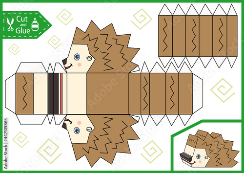 Kids craft 3d paper game. Cut and glue hedgehog. Worksheet and activity page for children. Cutout cartoon toy animal puzzle. Vector illustration.