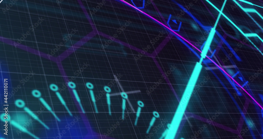 Image of multi coloured scope scanning with markers over grid background Image of multi coloured scope scanning with markers over grid background