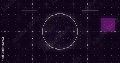 Image of glowing purple squares and scope scanning with markers over grid background