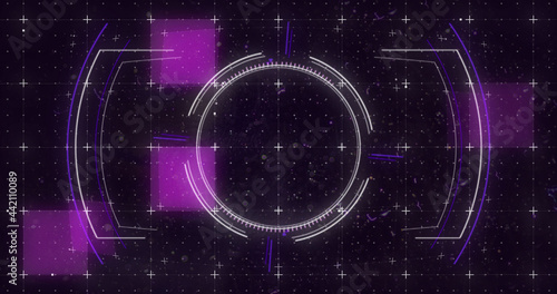 Image of glowing purple squares and scope scanning with markers over grid background