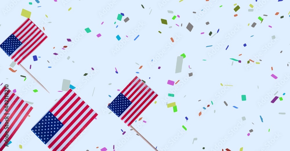 Obraz premium Composition of american flags, over falling confetti, on white