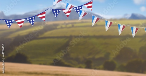 Composition of pennants in stars and stripes of american flag, over green landscape