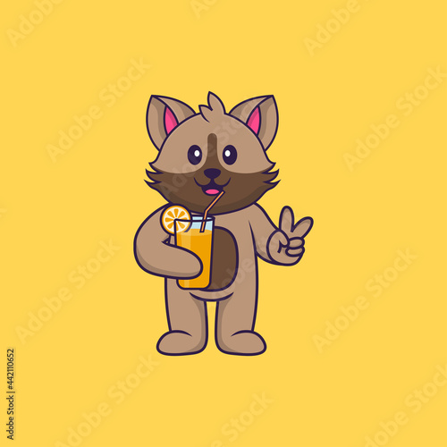 Cute cat holding orange juice in glass. Animal cartoon concept isolated. Can used for t-shirt, greeting card, invitation card or mascot. Flat Cartoon Style © Turn