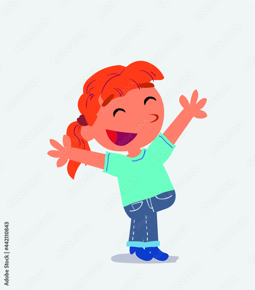 cartoon character of little girl on jeans celebrating something with joy. cartoon character of little girl on jeans celebrating something with joy.