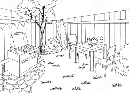 Backyard bbq garden party graphic black white sketch illustration vector