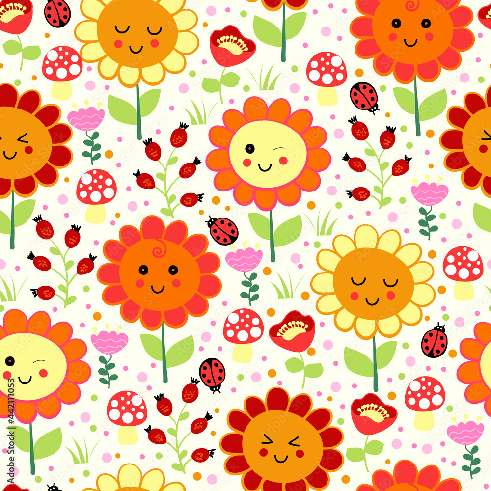Animated smiling cartoon flowers repeating pattern