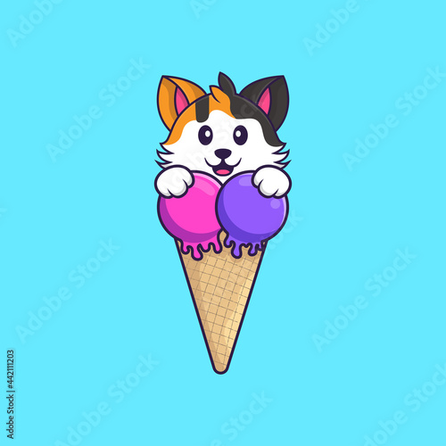 Cute cat with sweet ice cream. Animal cartoon concept isolated. Can used for t-shirt, greeting card, invitation card or mascot. Flat Cartoon Style