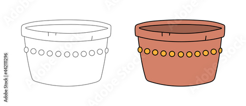 Empty clay flower pot in a simple flat graphic outline style. Linear and color illustration of hand-drawn ceramic container for growing plants, image of garden tool. Isolated vector object for decor