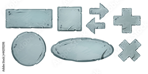 Game stone vector sign board set, rock rectangle panel, square UI boulder, cross button, pointer, circle. User interface menu blocks, arrow, cracked circle tablet. Ancient game stone design elements