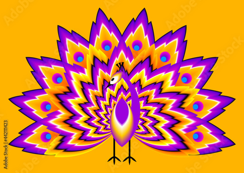 Peacock with yellow and purple tail. Motion illusion.