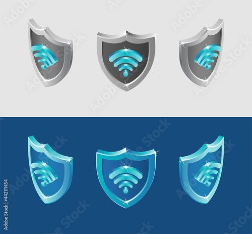 Wi-Fi Security Shield. Set of isometric views at a shield with a wi-fi symbol on it. Graphics represented in different color variations and different angles of views.