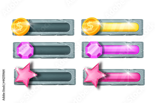 Game bar progress vector slider, graphic interface design elements, golden coin, gem stone, star. Cartoon level power illustration, UI charge elements isolated on white. Game bar bonus template