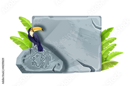 Game stone sign board, vector cracked rectangle cartoon block, maya ancient boulder, Aztec symbol. Jungle UI design element, toucan, tropical leaf, isolated on white. Square cracked stone sign panel