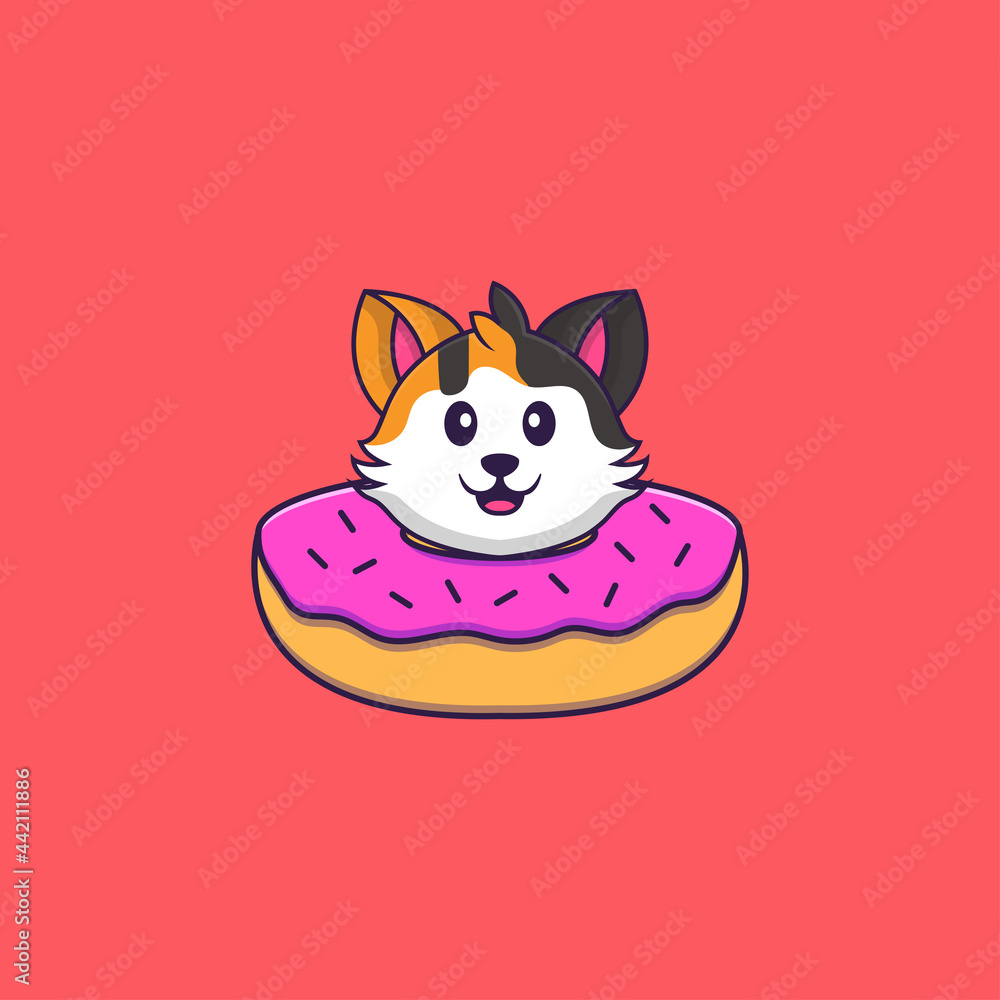 Cute cat with a donut on his neck. Animal cartoon concept isolated. Can used for t-shirt, greeting card, invitation card or mascot. Flat Cartoon Style Cute cat with a donut on his neck. Animal cartoon concept isolated. Can used for t-shirt, greeting card, invitation card or mascot. Flat Cartoon Style