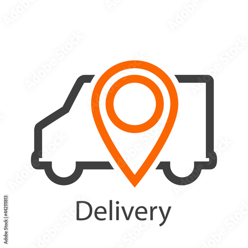 Logo con texto Delivery con camión de transporte con marcador de posición con lineas en color naranja y gris